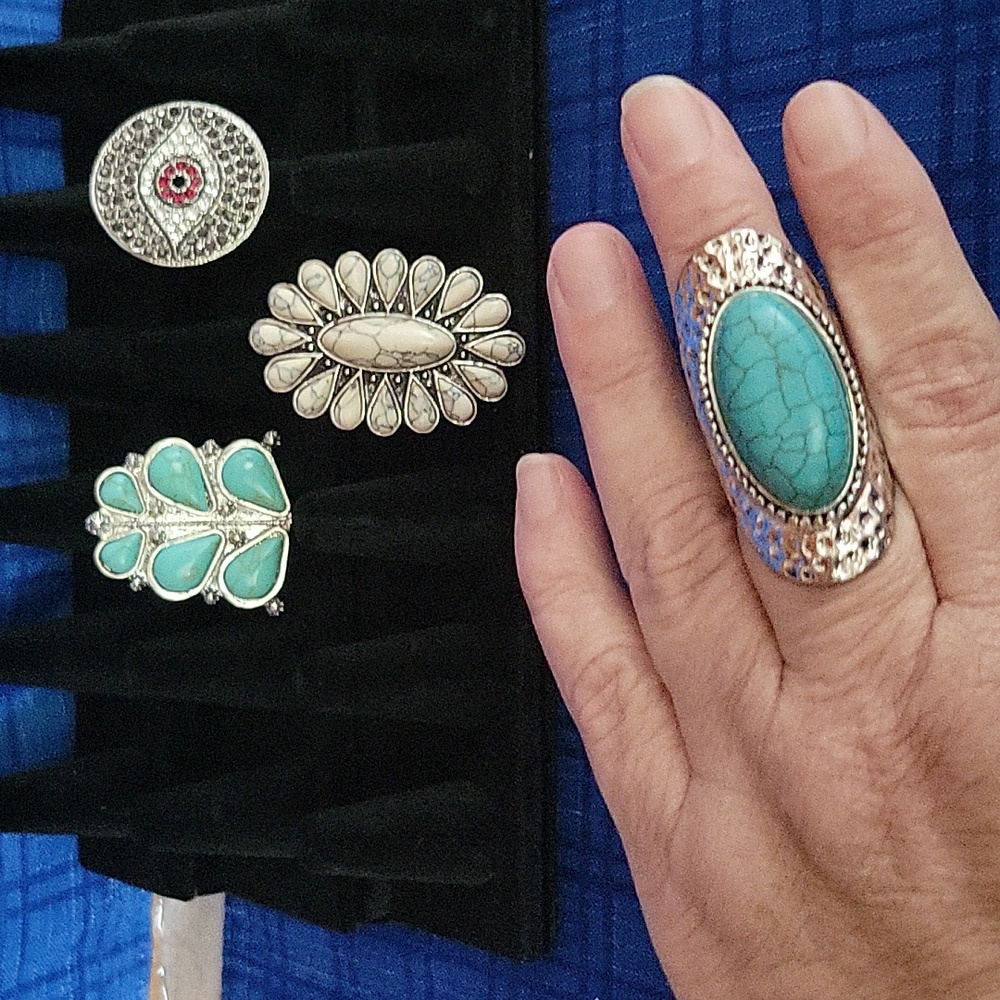 Touquise faux with silver metal Long ring - Picture 4 of 4